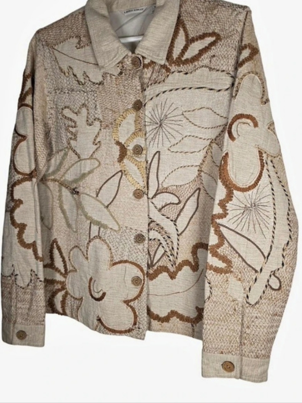 Laura Ashley Embroidered Floral Jacket Beige Button Front Cotton Blend Boho Med